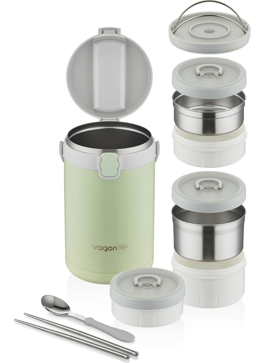 Steel Food Thermos Heat Insulated 3 Bowls 2.1lt Leakproof Vacuum Container with Carrying Handle - FF10089