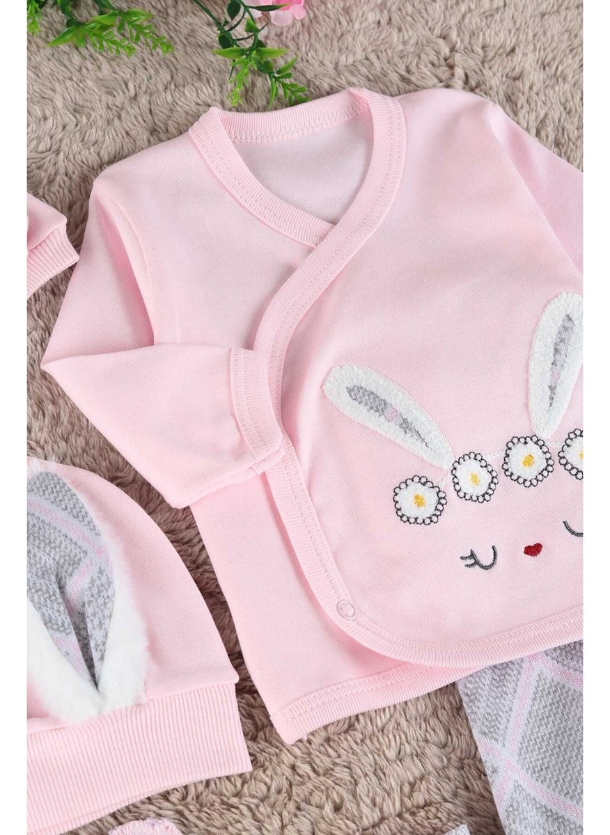 Hooded Baby Girl with Rabbit Ears 100% Organic Cotton 5 Piece Hospital Discharge Set / Baby Set New