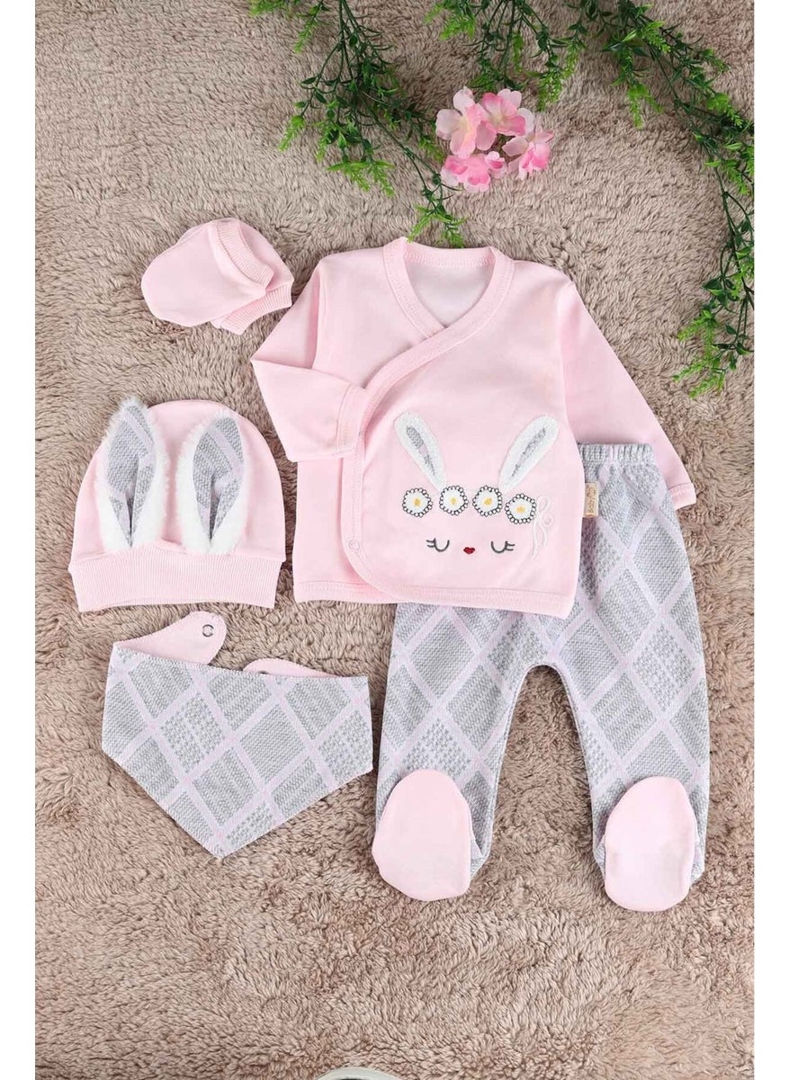 Hooded Baby Girl with Rabbit Ears 100% Organic Cotton 5 Piece Hospital Discharge Set / Baby Set New