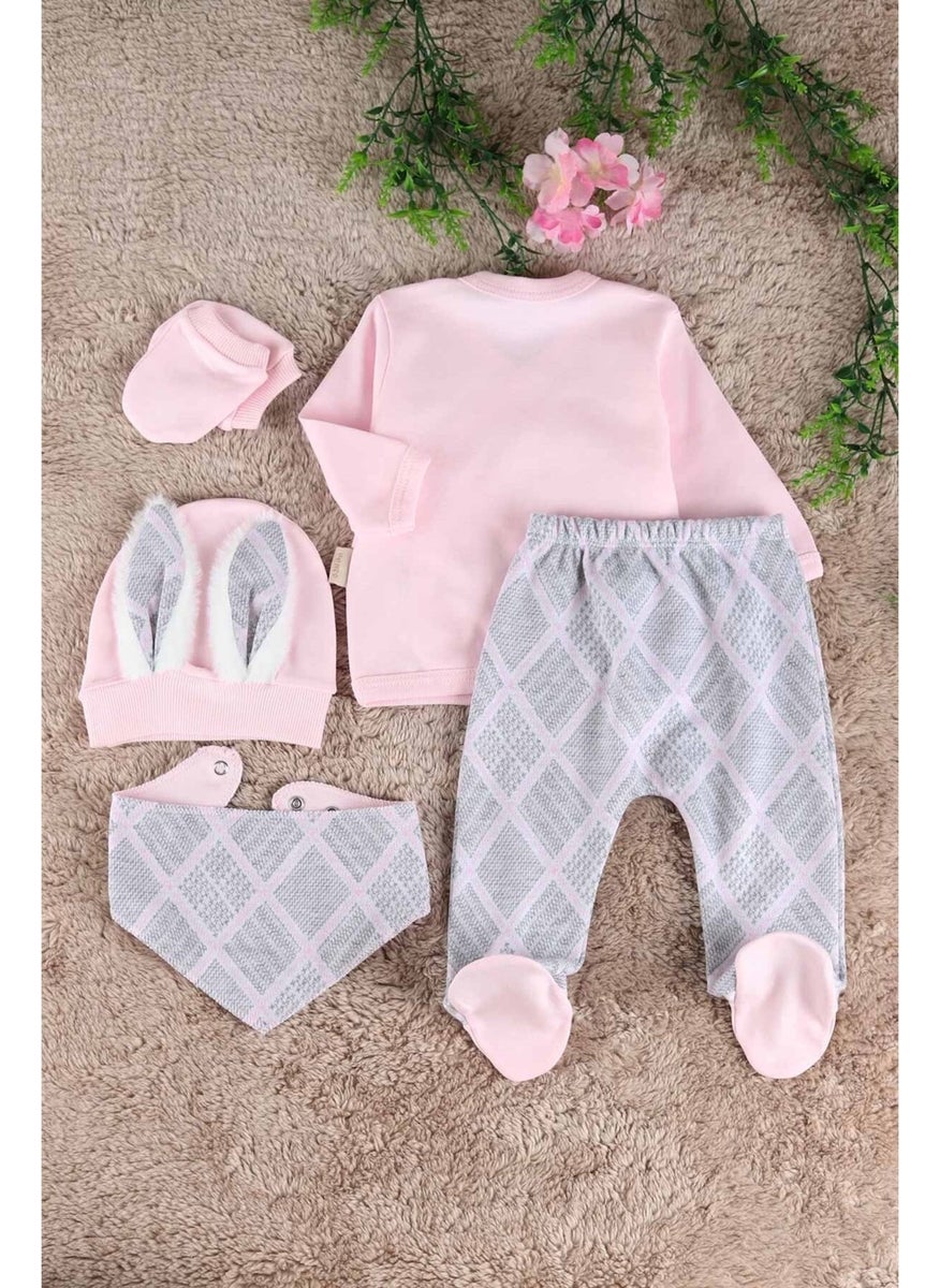 Hooded Baby Girl with Rabbit Ears 100% Organic Cotton 5 Piece Hospital Discharge Set / Baby Set New