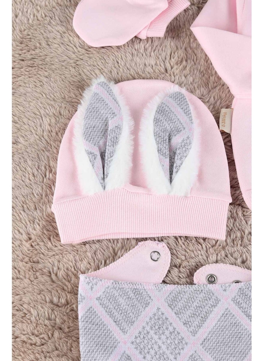 Hooded Baby Girl with Rabbit Ears 100% Organic Cotton 5 Piece Hospital Discharge Set / Baby Set New