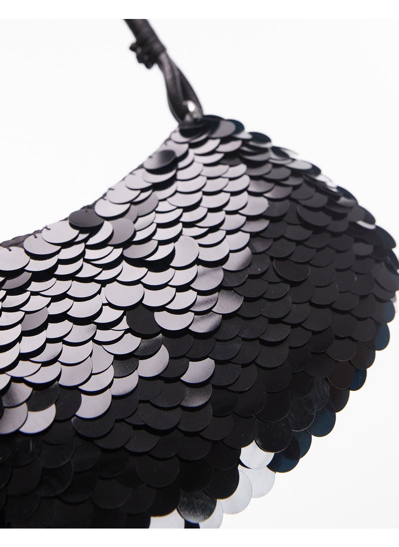 Topshop Sonia sequin shoulder bag in black - BLACK