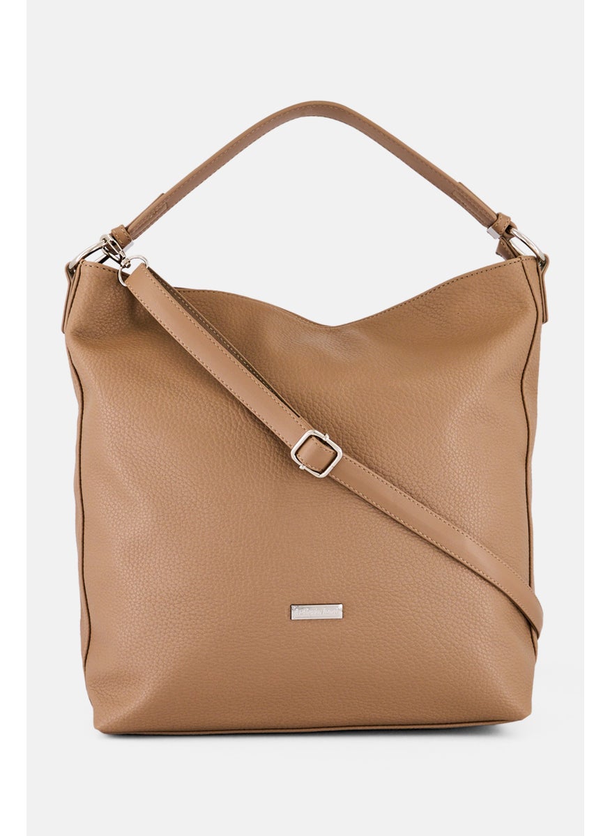 Women Brand Logo Shoulder Bag, Taupe