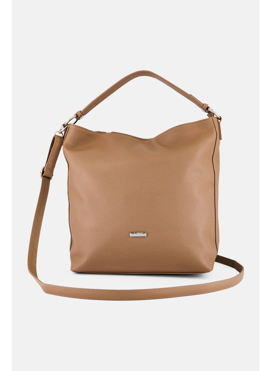 Women Brand Logo Shoulder Bag, Taupe