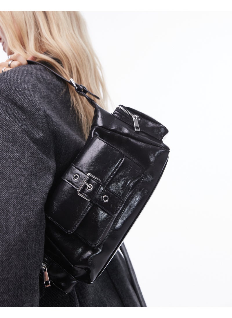 Topshop Saskia pocket shoulder bag in black - BLAC