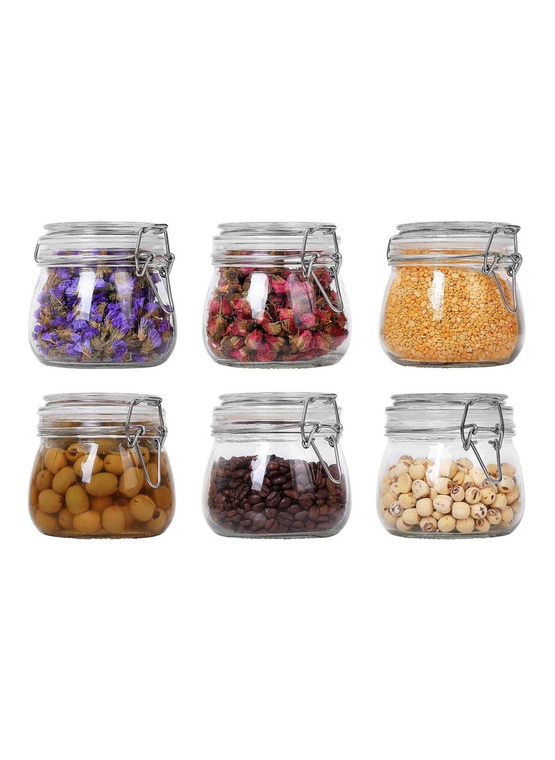 Airtight Glass Canister Set of 6 with Lids 17oz Food Storage Jar Round - Storage Container with Clear Preserving Seal Wire Clip Fastening for Kitchen Canning Cereal,Pasta,Sugar,Beans,Spice