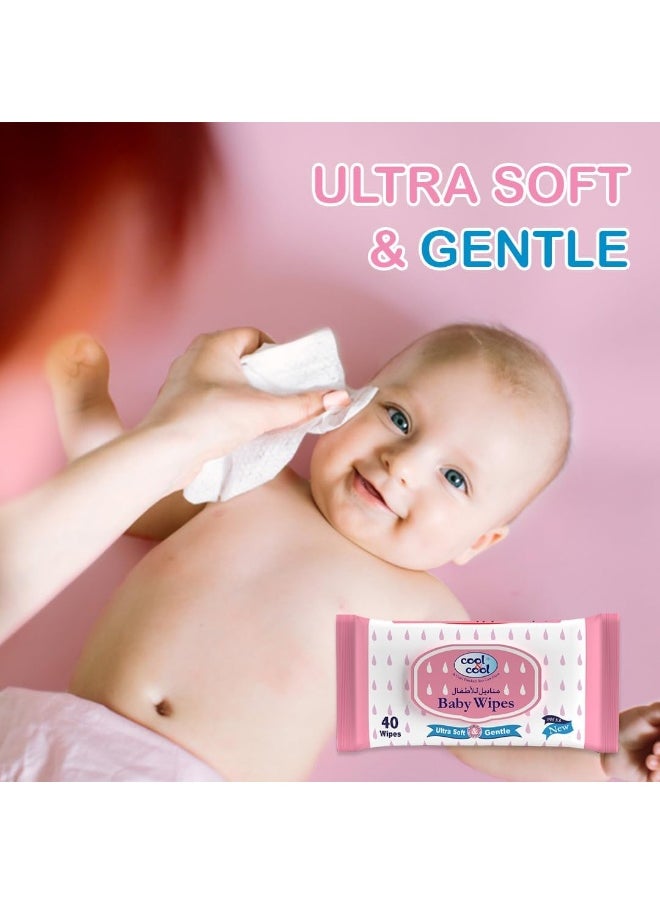 Cool & Cool Baby Wipes 40’s (Pack of 24)-Alcohol Free, Paraben Free, Vitamin E, Aloe Vera, Ultra Soft & Gentle for Sensitive & Delicate Skin - 960 Wipes