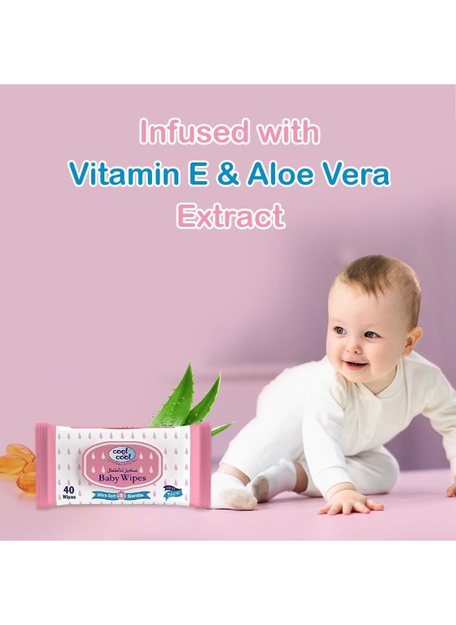 Cool & Cool Baby Wipes 40’s (Pack of 24)-Alcohol Free, Paraben Free, Vitamin E, Aloe Vera, Ultra Soft & Gentle for Sensitive & Delicate Skin - 960 Wipes