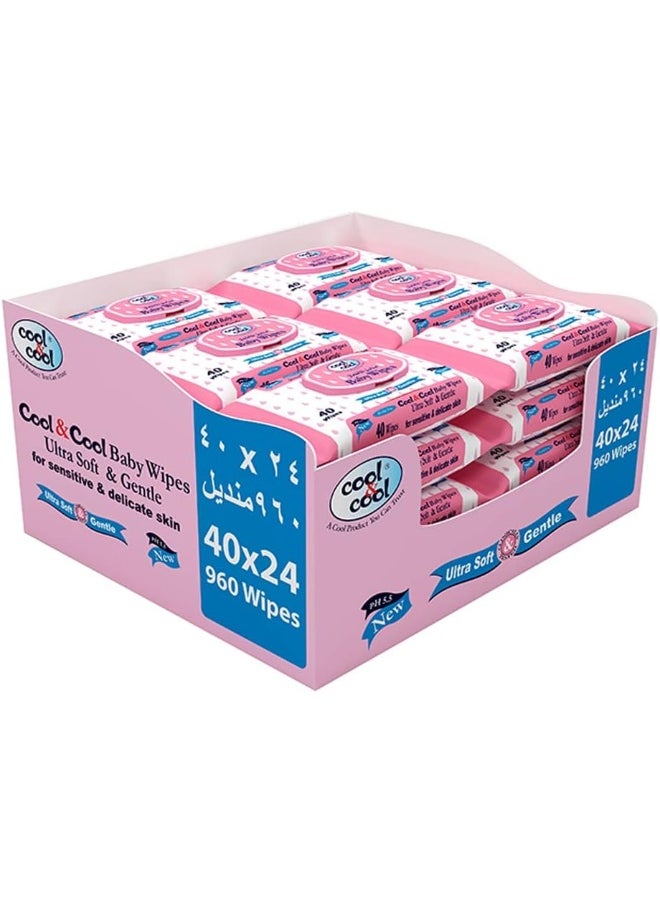 Cool & Cool Baby Wipes 40’s (Pack of 24)-Alcohol Free, Paraben Free, Vitamin E, Aloe Vera, Ultra Soft & Gentle for Sensitive & Delicate Skin - 960 Wipes