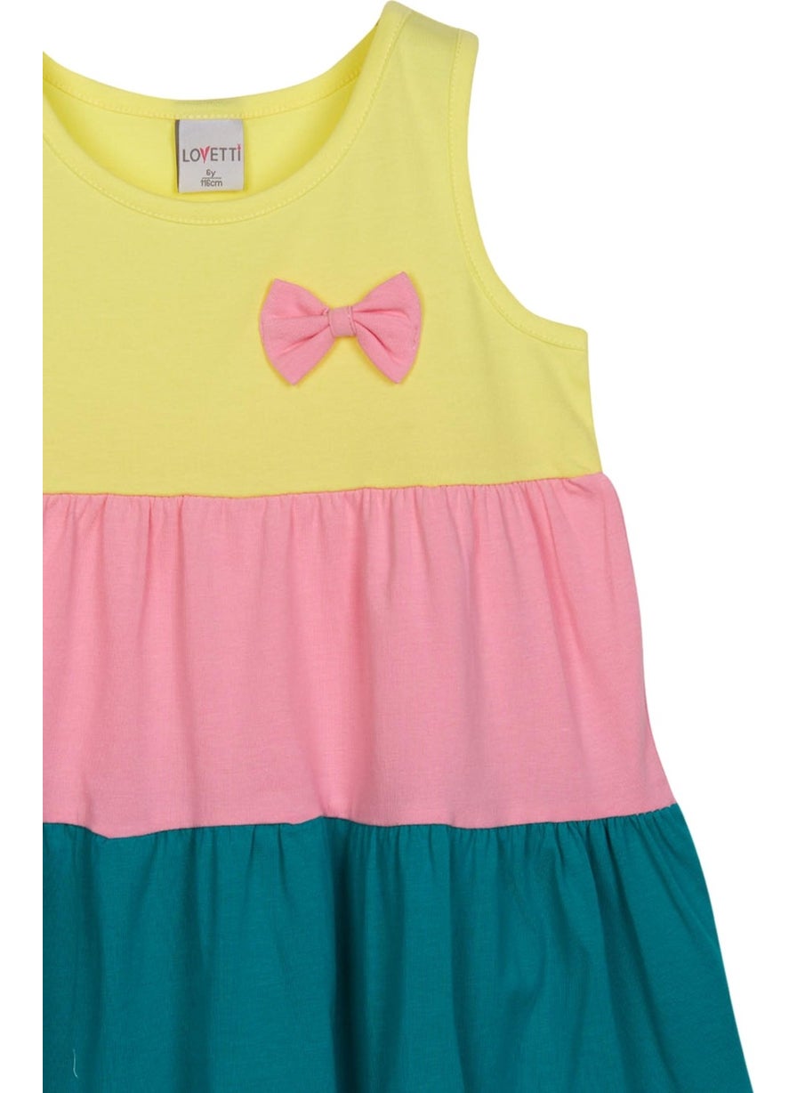 Light Yellow + White Colored Layered Girls' Strap Dress
