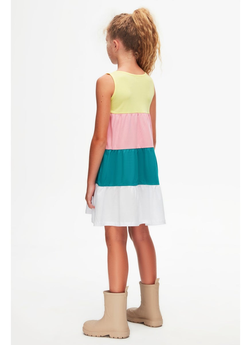Light Yellow + White Colored Layered Girls' Strap Dress