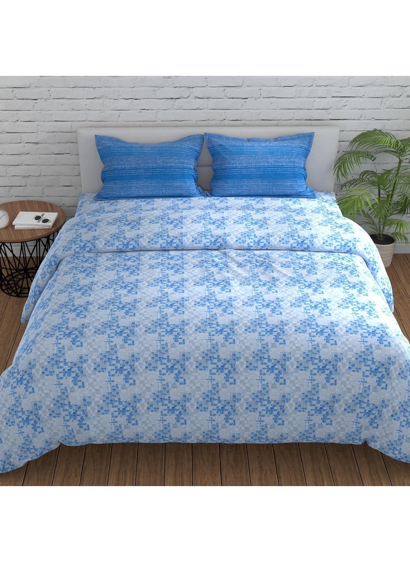 Huesland by Ahmedabad Cotton 144 TC Bedsheets Cotton Double Bed with 2 Pillow Covers Grid Blue Grey White