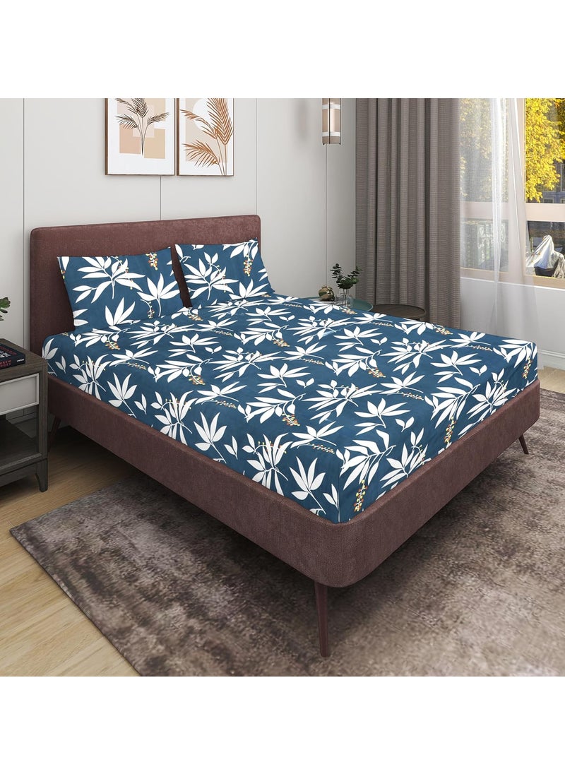 RAREBIRD Microfiber Cotton 250 TC Elastic Fitted Bedsheets with 2 Pillow Covers Double Bed with All Around Elastic Size 72 X 78 X 8 Inches Pack of 1 Grey and White Leaves