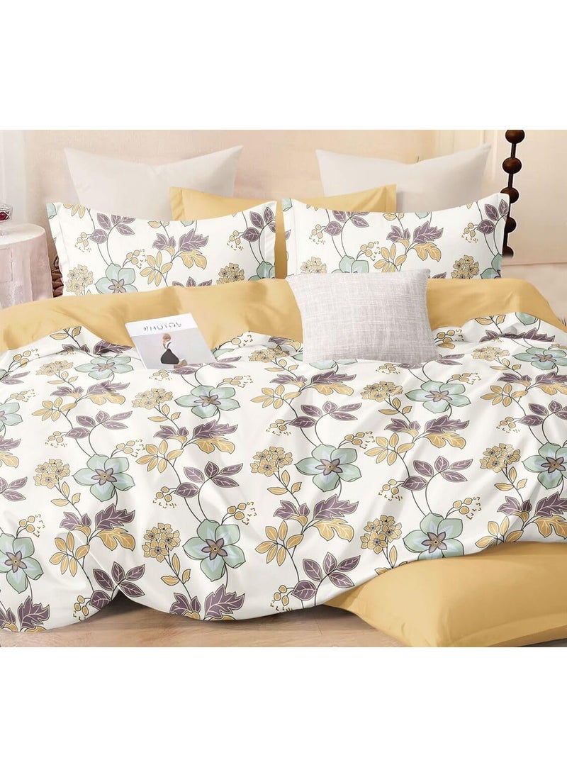 DECOR2ADMIRE 300 Thread Count Cotton Queen Size Floral Printed Double Bedsheet with Two Pillow Covers for Home White Floral