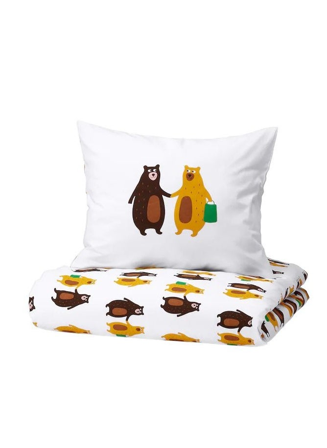 Duvet cover and pillowcase, bear pattern yellow/brown, 150x200/50x80 cm