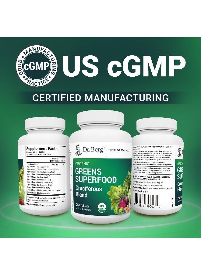 Dr. Berg's Greens Superfood Cruciferous Vegetable Tablets - Vegetable Supplements for Adults w/ 11 Phytonutrient Super Greens Tablets - Energy, Immune System & Liver Veggie Tablets - 250 Tablets