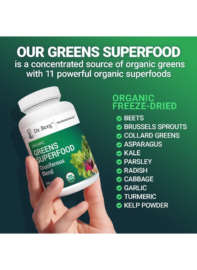 Dr. Berg's Greens Superfood Cruciferous Vegetable Tablets - Vegetable Supplements for Adults w/ 11 Phytonutrient Super Greens Tablets - Energy, Immune System & Liver Veggie Tablets - 250 Tablets