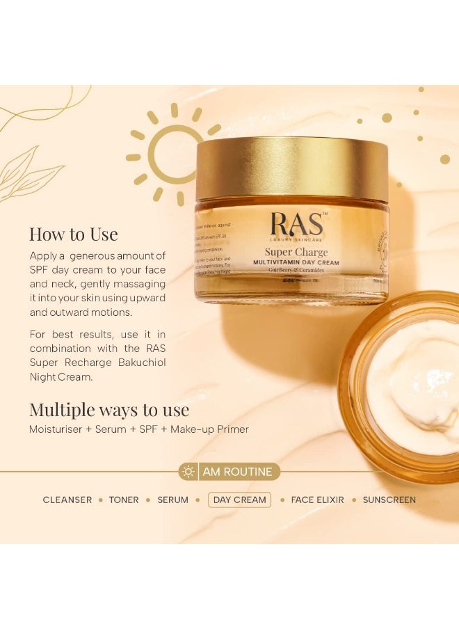 Luxury Oils Super Charge Day Cream with Multivitamin SPF 30 PA++++ Goji Berry & Ceramides | Moisturizer for Glowing Skin with 72HR Hydration | Protection from UVA & UVB | Luxury Skincare | 8gm