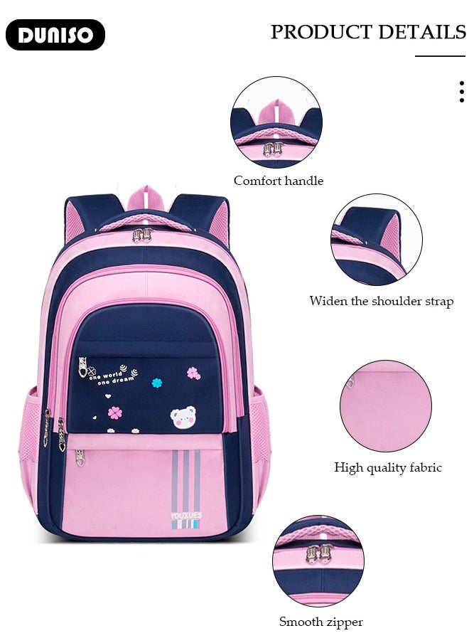 Kids Backpacks Oxford Cloth for Girls,Lightweight Large Capacity Durable Waterproof School Book Bag,Cute Cartoon Printing Pink Toddler Backpack with Adujustable Strap and Bottle Side Pockets for Aged 9-15,Suitable for Travel Outing And School
