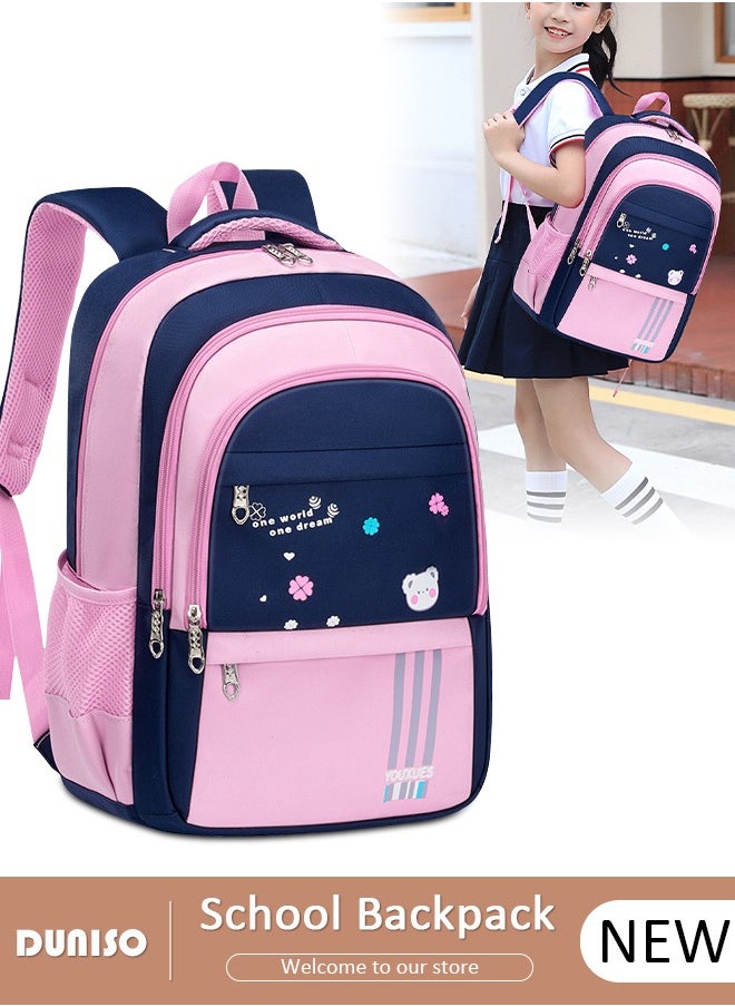 Kids Backpacks Oxford Cloth for Girls,Lightweight Large Capacity Durable Waterproof School Book Bag,Cute Cartoon Printing Pink Toddler Backpack with Adujustable Strap and Bottle Side Pockets for Aged 9-15,Suitable for Travel Outing And School