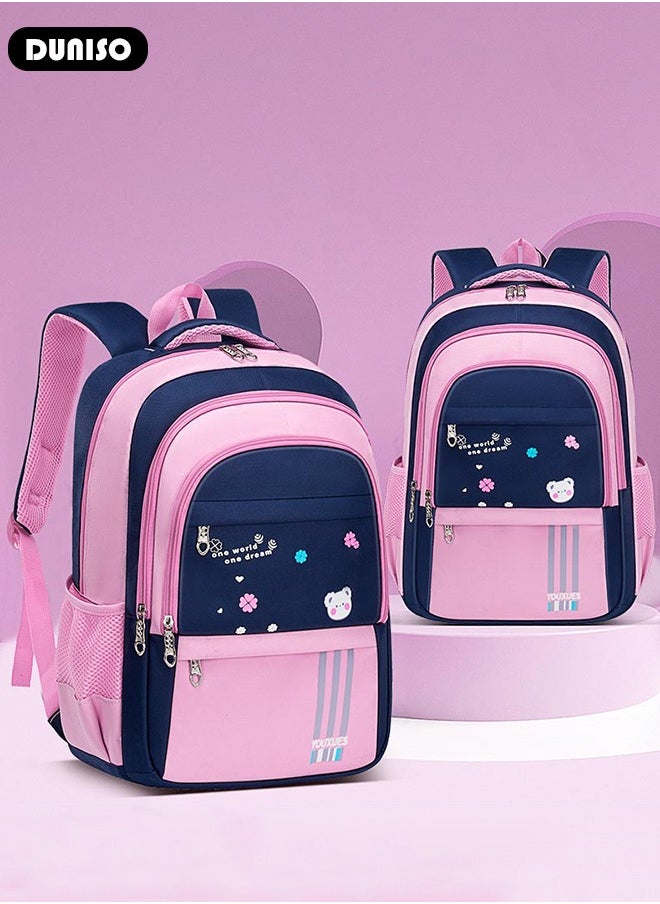 Kids Backpacks Oxford Cloth for Girls,Lightweight Large Capacity Durable Waterproof School Book Bag,Cute Cartoon Printing Pink Toddler Backpack with Adujustable Strap and Bottle Side Pockets for Aged 9-15,Suitable for Travel Outing And School
