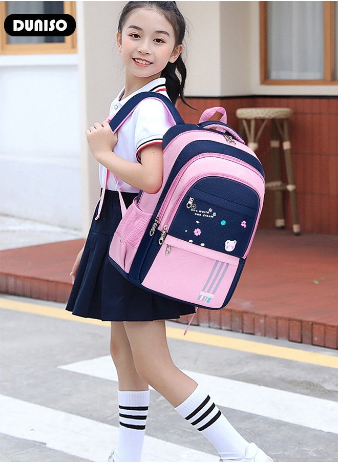 Kids Backpacks Oxford Cloth for Girls,Lightweight Large Capacity Durable Waterproof School Book Bag,Cute Cartoon Printing Pink Toddler Backpack with Adujustable Strap and Bottle Side Pockets for Aged 9-15,Suitable for Travel Outing And School