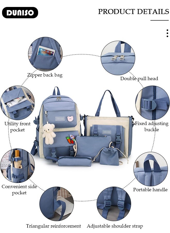 5pcs School Backpack Set for Teenager Student,Large Capacity Lightweight Cute Simple Casual Fashion High Stretch Canvas Kids Backpack,School Bag Set with Cute Pendant Handbag,Crossbody Bag Lunch Bag Coin Purse,Suitable for Office College School Gift