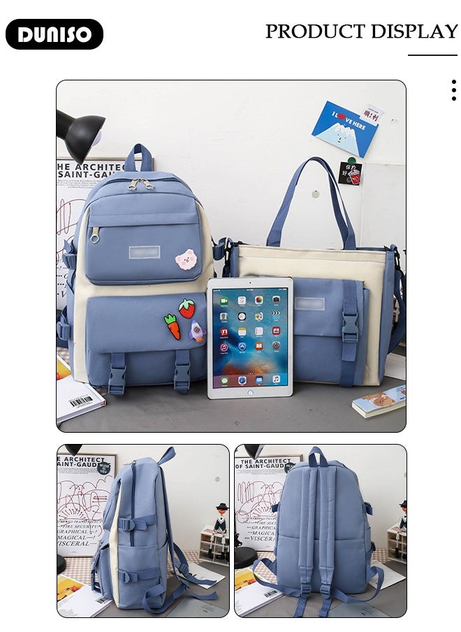 5pcs School Backpack Set for Teenager Student,Large Capacity Lightweight Cute Simple Casual Fashion High Stretch Canvas Kids Backpack,School Bag Set with Cute Pendant Handbag,Crossbody Bag Lunch Bag Coin Purse,Suitable for Office College School Gift