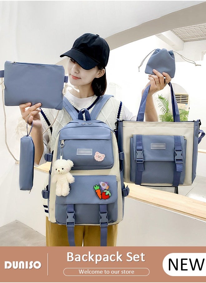 5pcs School Backpack Set for Teenager Student,Large Capacity Lightweight Cute Simple Casual Fashion High Stretch Canvas Kids Backpack,School Bag Set with Cute Pendant Handbag,Crossbody Bag Lunch Bag Coin Purse,Suitable for Office College School Gift
