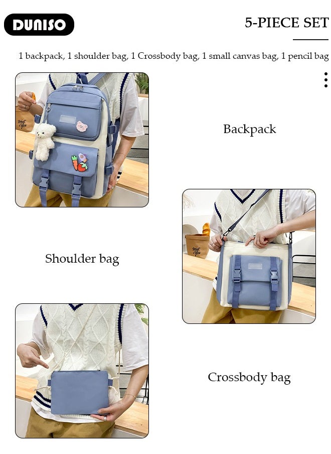 5pcs School Backpack Set for Teenager Student,Large Capacity Lightweight Cute Simple Casual Fashion High Stretch Canvas Kids Backpack,School Bag Set with Cute Pendant Handbag,Crossbody Bag Lunch Bag Coin Purse,Suitable for Office College School Gift