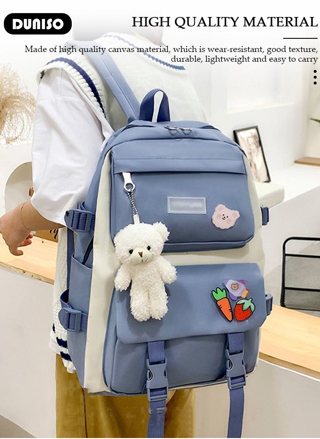 5pcs School Backpack Set for Teenager Student,Large Capacity Lightweight Cute Simple Casual Fashion High Stretch Canvas Kids Backpack,School Bag Set with Cute Pendant Handbag,Crossbody Bag Lunch Bag Coin Purse,Suitable for Office College School Gift