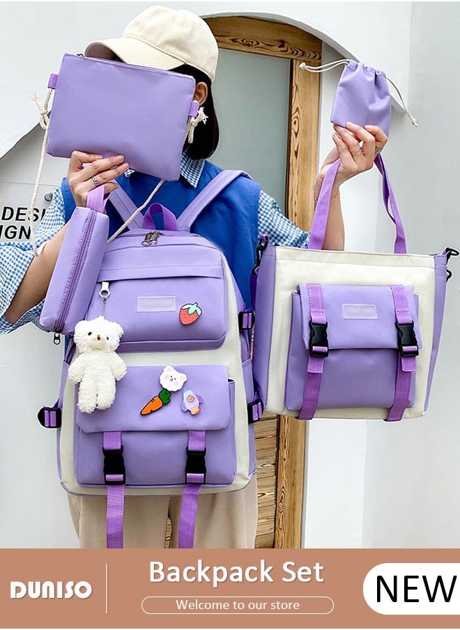 5pcs School Backpack Set for Teenager Student,Large Capacity Lightweight Cute Simple Casual Fashion High Stretch Canvas Kids Backpack,School Bag Set with Cute Pendant Handbag,Crossbody Bag Lunch Bag Coin Purse,Suitable for Office College School Gift