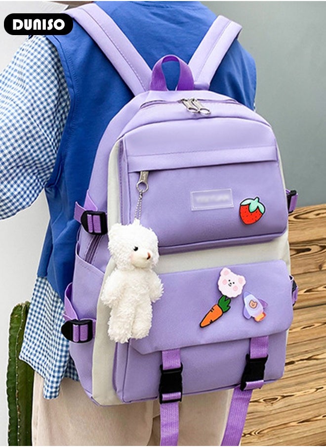 5pcs School Backpack Set for Teenager Student,Large Capacity Lightweight Cute Simple Casual Fashion High Stretch Canvas Kids Backpack,School Bag Set with Cute Pendant Handbag,Crossbody Bag Lunch Bag Coin Purse,Suitable for Office College School Gift