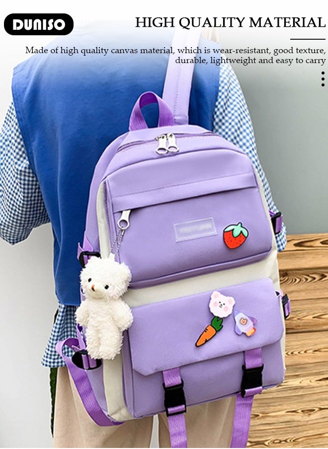 5pcs School Backpack Set for Teenager Student,Large Capacity Lightweight Cute Simple Casual Fashion High Stretch Canvas Kids Backpack,School Bag Set with Cute Pendant Handbag,Crossbody Bag Lunch Bag Coin Purse,Suitable for Office College School Gift