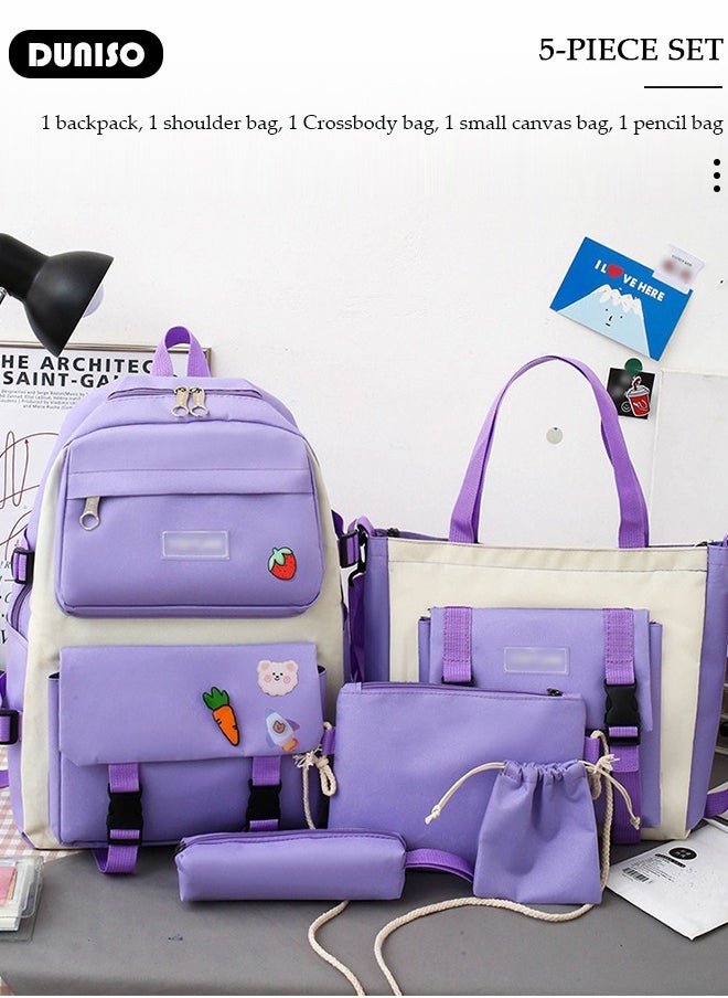 5pcs School Backpack Set for Teenager Student,Large Capacity Lightweight Cute Simple Casual Fashion High Stretch Canvas Kids Backpack,School Bag Set with Cute Pendant Handbag,Crossbody Bag Lunch Bag Coin Purse,Suitable for Office College School Gift