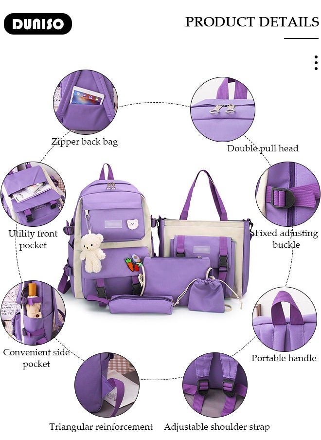 5pcs School Backpack Set for Teenager Student,Large Capacity Lightweight Cute Simple Casual Fashion High Stretch Canvas Kids Backpack,School Bag Set with Cute Pendant Handbag,Crossbody Bag Lunch Bag Coin Purse,Suitable for Office College School Gift
