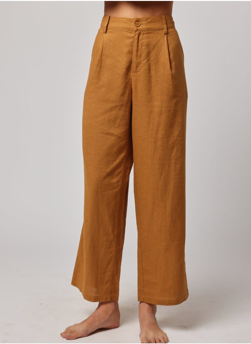 Ashita Fernandes Numa Mustard Ochre High-Waisted Wide-Leg Linen Trousers – Sustainable, Tailored with Side Pockets for Power Dressing & Casual Elegance