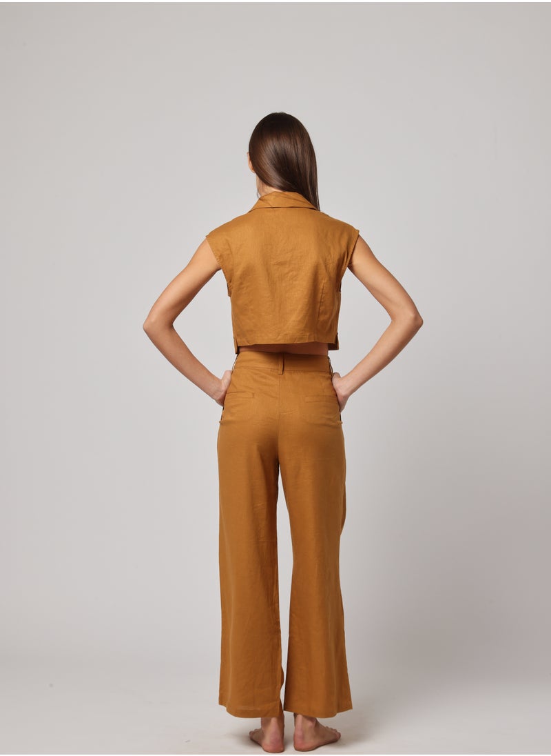 Ashita Fernandes Numa Mustard Ochre High-Waisted Wide-Leg Linen Trousers – Sustainable, Tailored with Side Pockets for Power Dressing & Casual Elegance