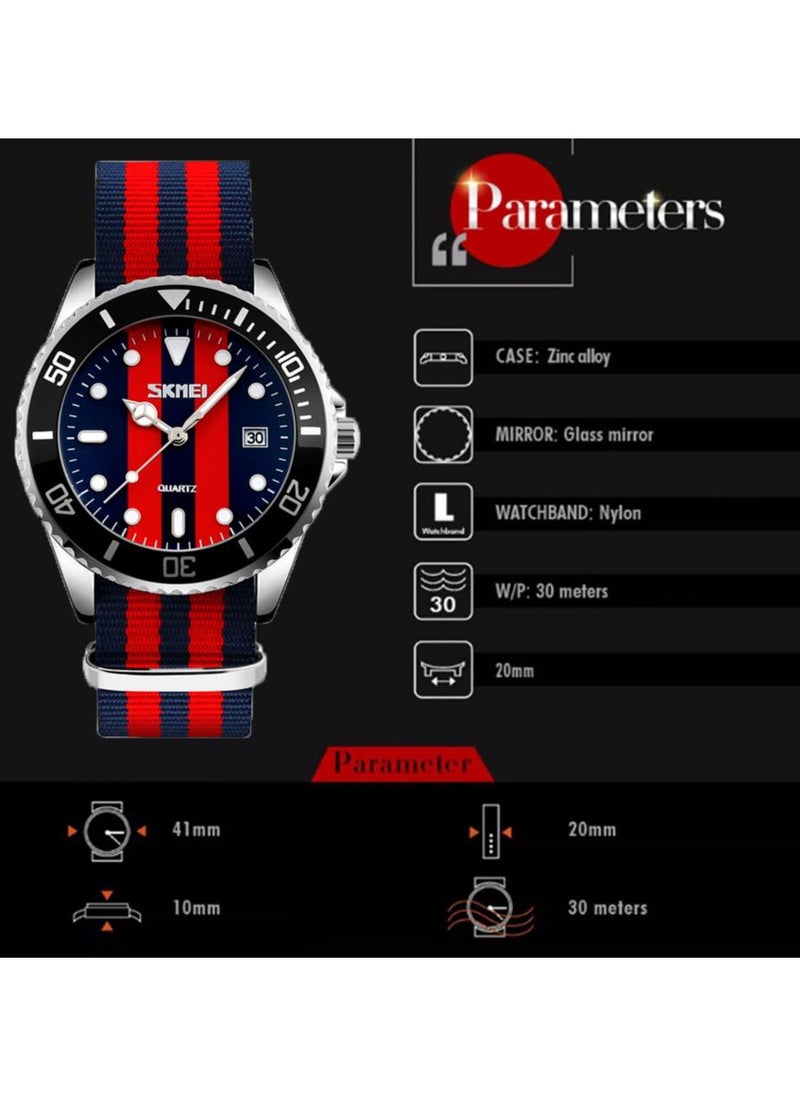 SKMEI Sport Watch - Striped Nylon Strap, Luminous Dial, Date Display