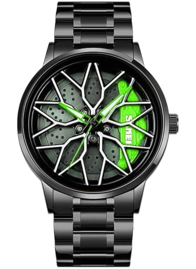 SKMEI Men's Sports Watch 3D Hollow Wheel Design Stainless Steel Watch Waterproof Car Wheel Rolling Spinning Dial Watch 1990D