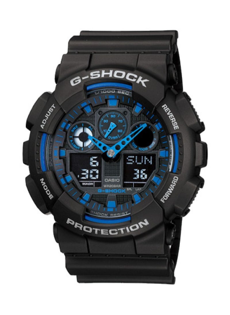 Casio G-Shock GA-100-1A2DR Men's Analog-Digital Watch – Shock Resistant, 200M Water Resistant, Sport Design, LED Light, Stopwatch, World Time, Black-Blue Resin Band