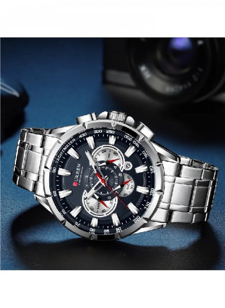 Men's Waterproof Stainless Steel Band Chronograph Quartz Watch 8363- 48 mm