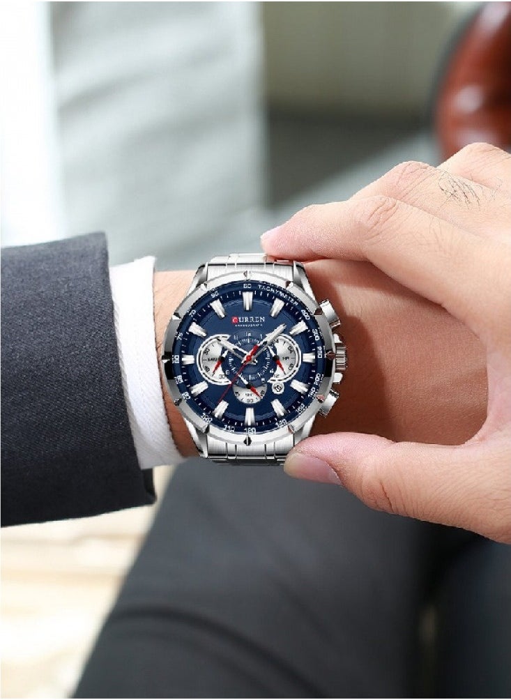 Men's Waterproof Stainless Steel Band Chronograph Quartz Watch 8363- 48 mm