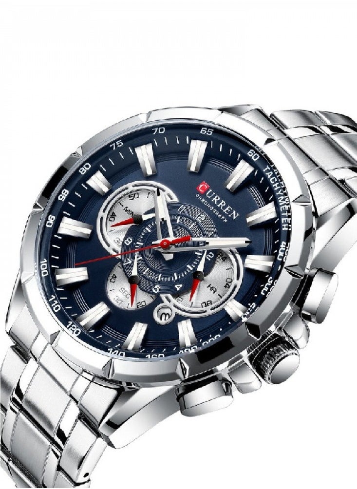 Men's Waterproof Stainless Steel Band Chronograph Quartz Watch 8363- 48 mm
