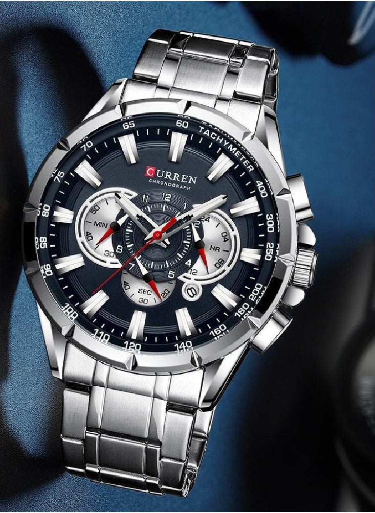 Men's Waterproof Stainless Steel Band Chronograph Quartz Watch 8363- 48 mm