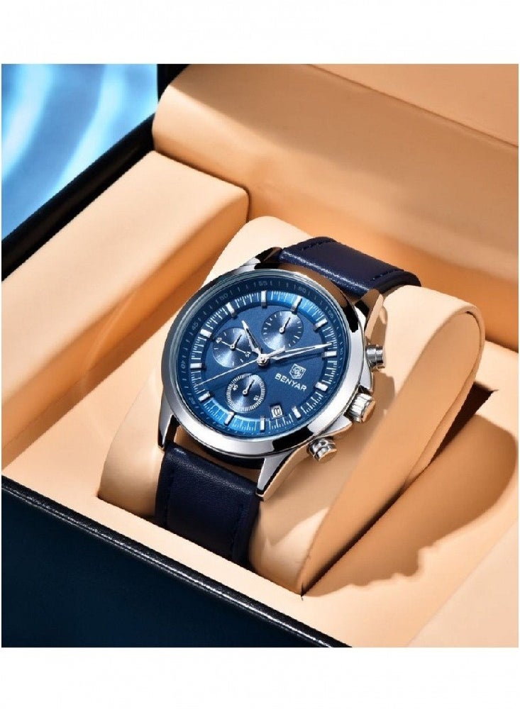 Watches for Men Luxury Quartz Water Resistant Watch Men's Chronograph Genuine Leather Strap 5210 Blue
