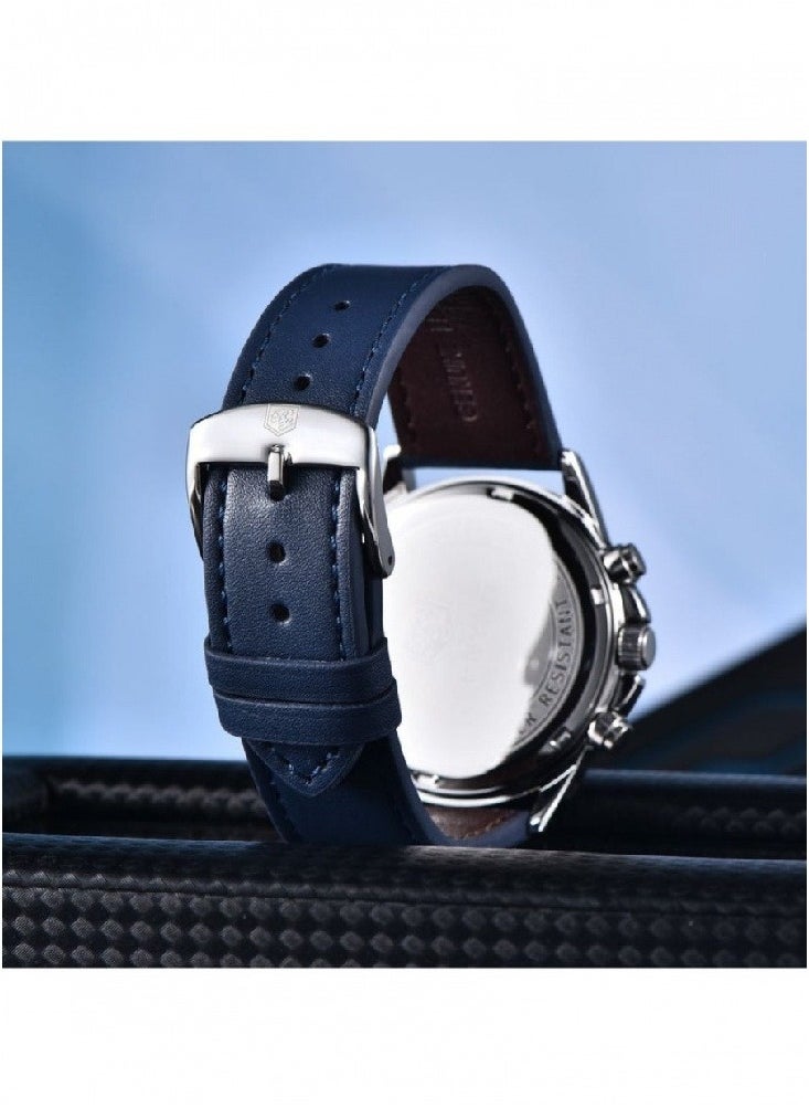 Watches for Men Luxury Quartz Water Resistant Watch Men's Chronograph Genuine Leather Strap 5210 Blue