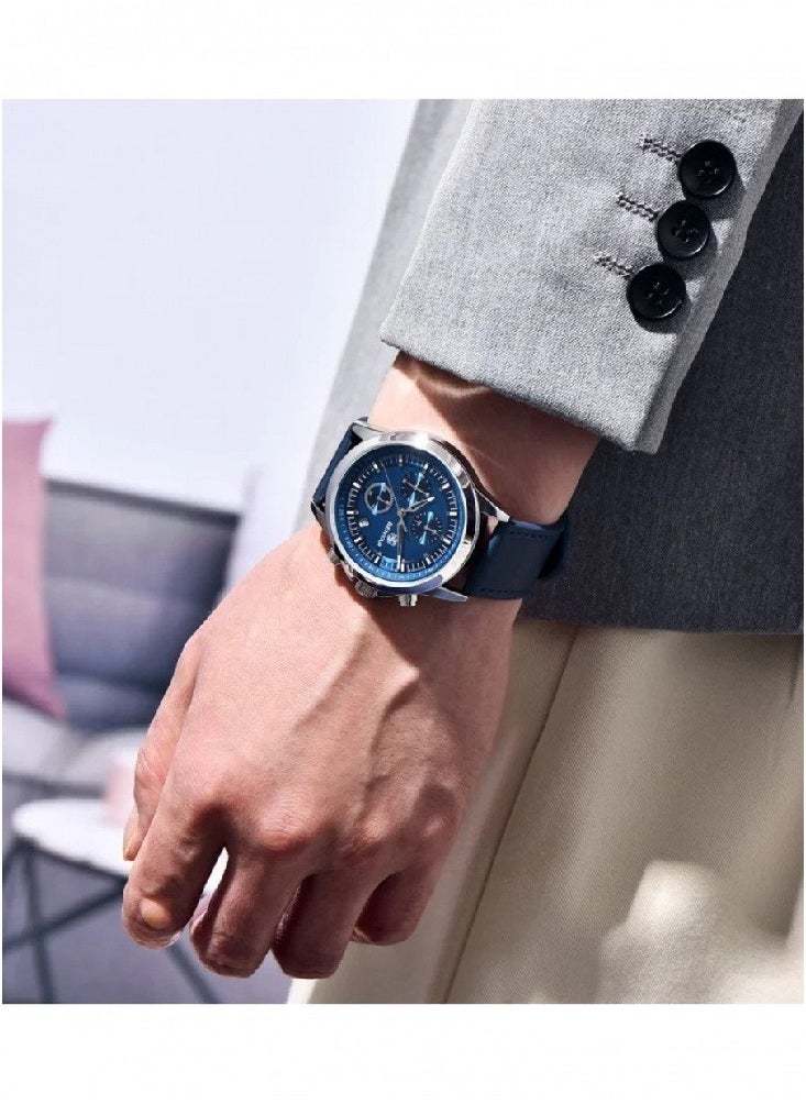 Watches for Men Luxury Quartz Water Resistant Watch Men's Chronograph Genuine Leather Strap 5210 Blue
