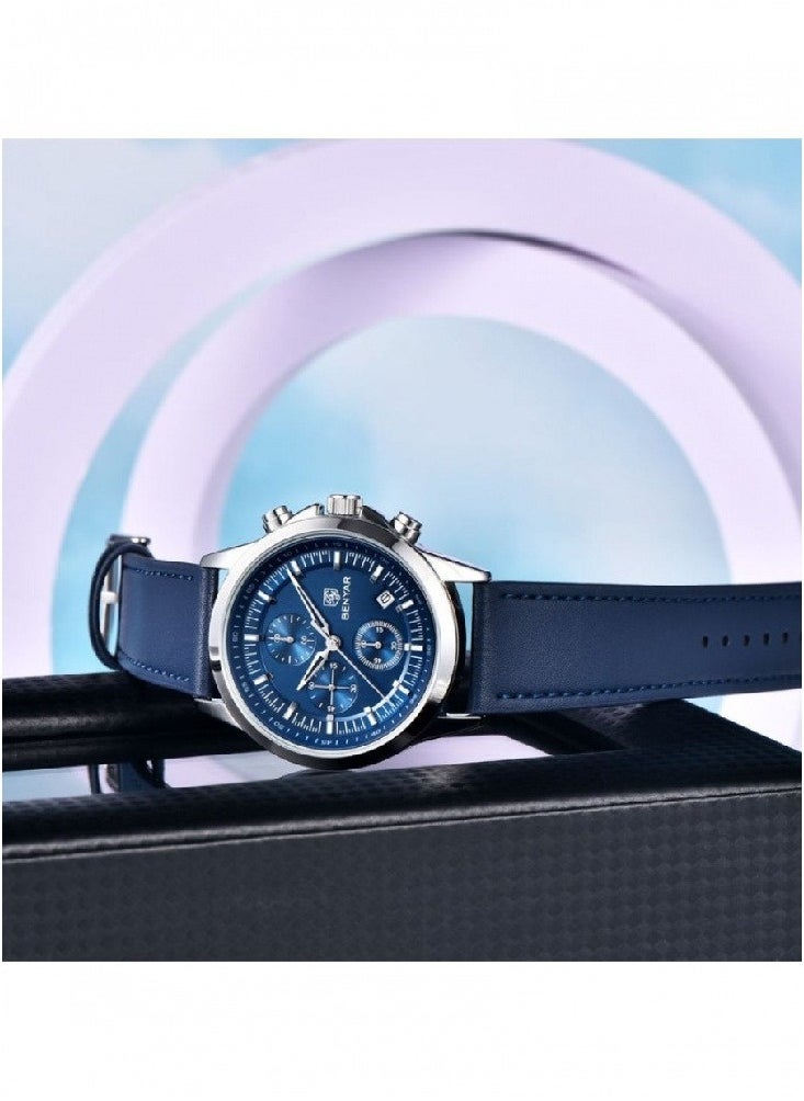 Watches for Men Luxury Quartz Water Resistant Watch Men's Chronograph Genuine Leather Strap 5210 Blue
