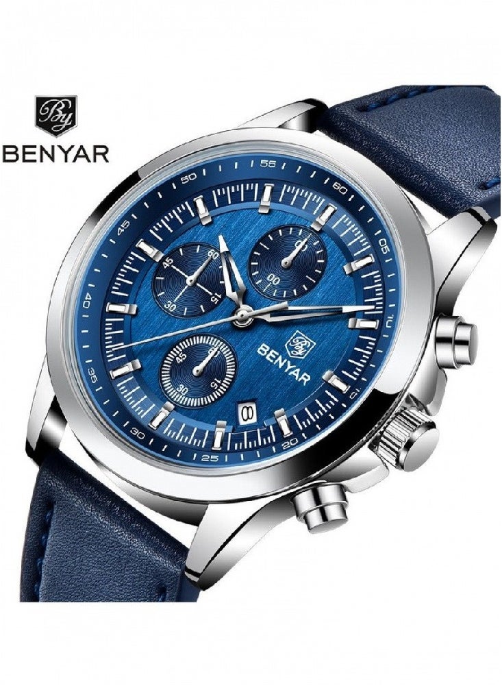 Watches for Men Luxury Quartz Water Resistant Watch Men's Chronograph Genuine Leather Strap 5210 Blue